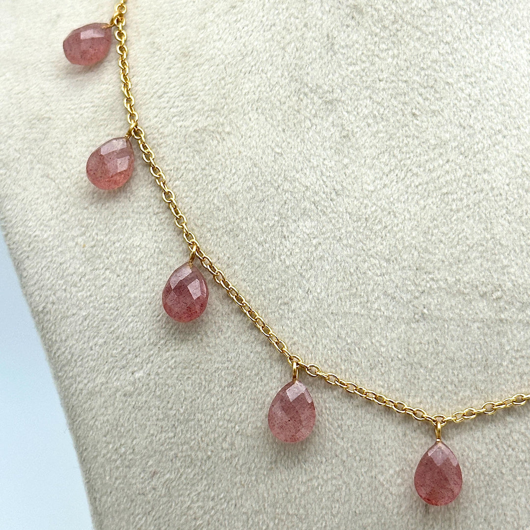 Amazing Pink Strawberry Pear Shape Beads Necklace, Faceted Drop Chain Necklace, Natural Gemstone Chain Jewelry, Necklace For Women's