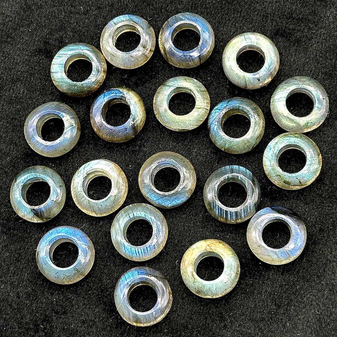 Labradorite Donut Gemstone Beads: 12mm Blue Fire Carved Jewelry