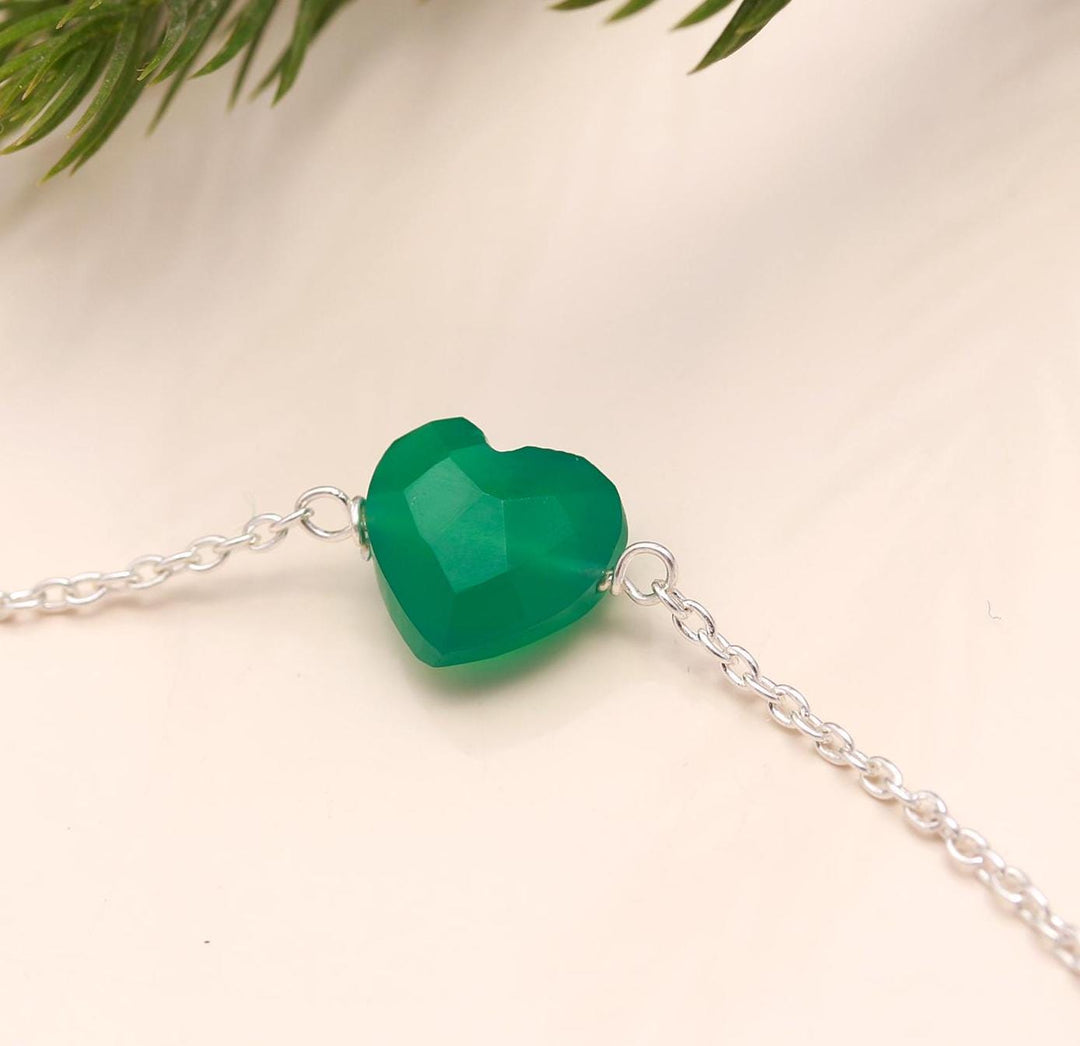 Natural Green Onyx Heart Beads Bracelet, Onyx Faceted Heart Beads Bracelet, Women's Gift Chain Bracelet, 925 Silver Bracelet, Girls Anklets