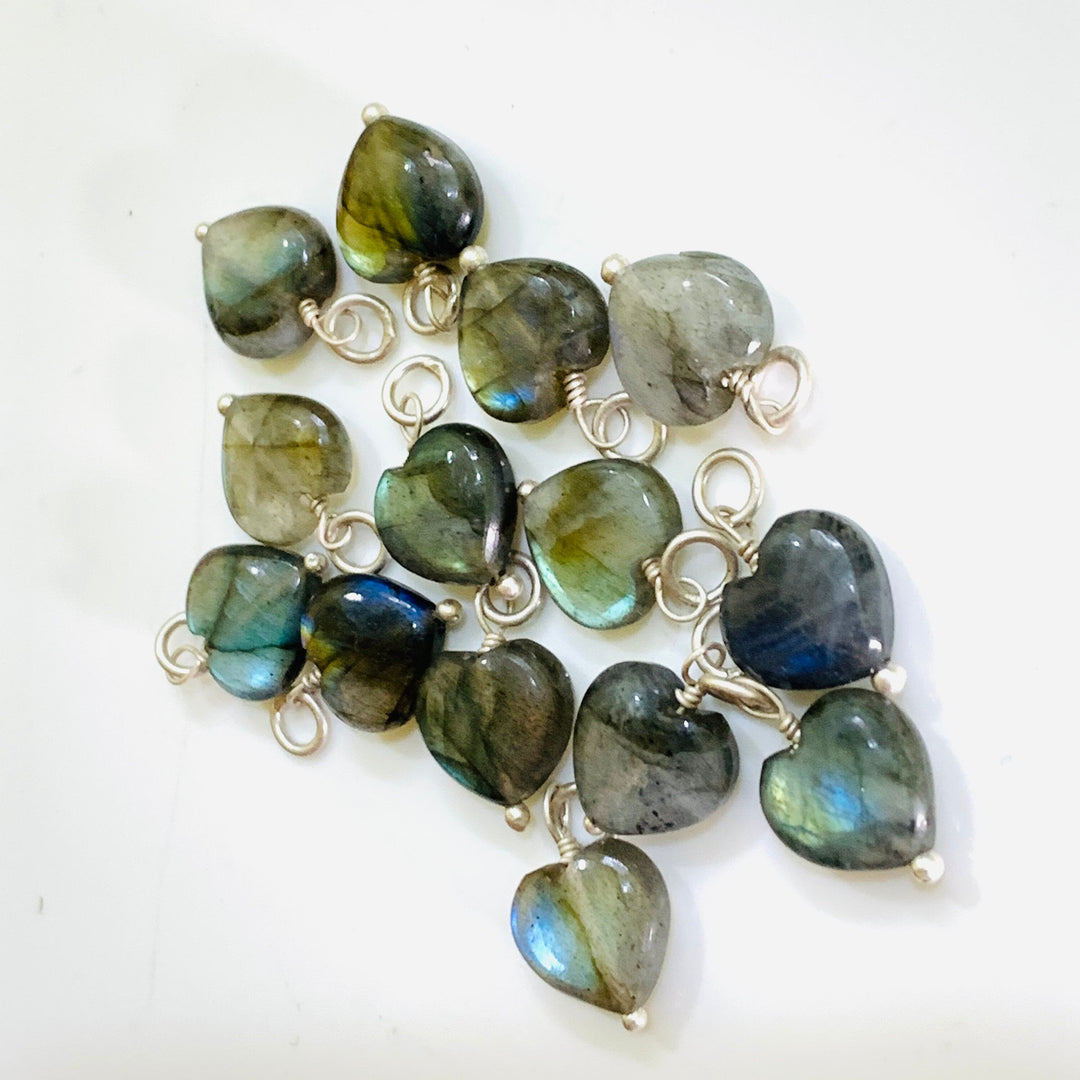 Natural Labradorite Heart Shape Carved Gemstone Jewellery Making Charm With 925 Silver, Necklace Bracelet, Earrings Making Charms 10 mm