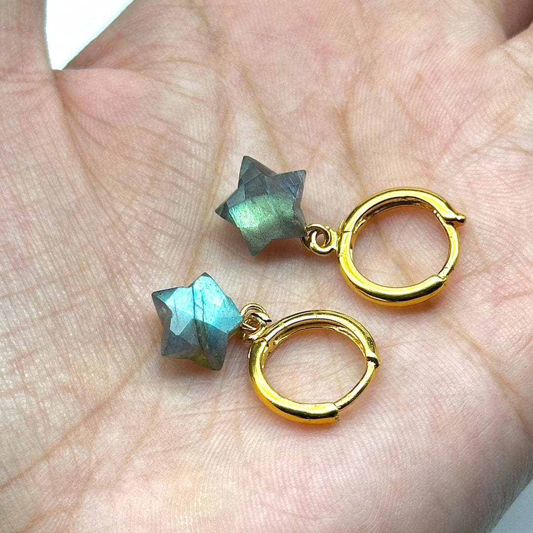Pretty Labradorite Star Earrings, Gift For Girls, 10 MM Faceted Star Loop Earrings, Gift For Her, Star Shape Gemstone Jewelry For Gift