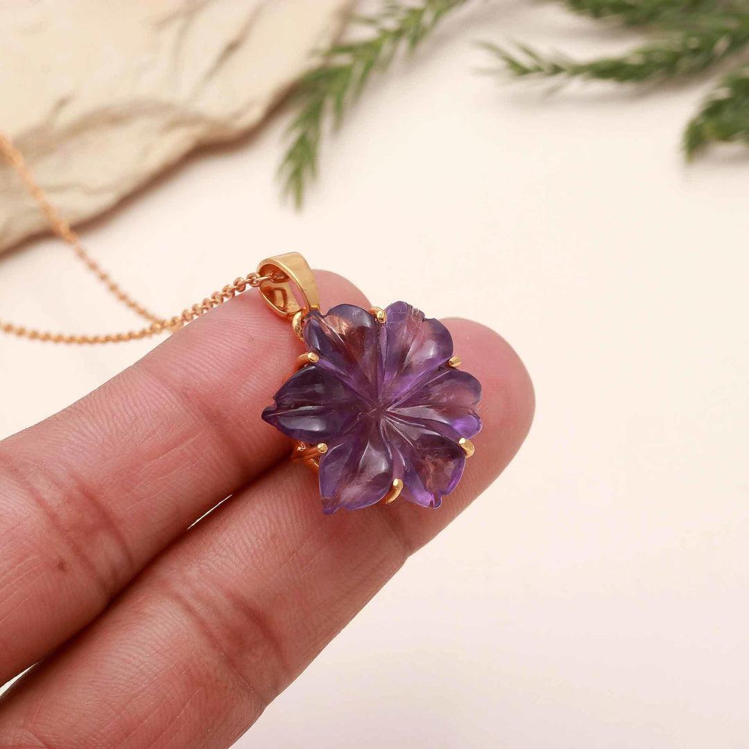 Carved Amethyst Flower Pendant: Sterling Silver Boho Necklace, February Birthstone