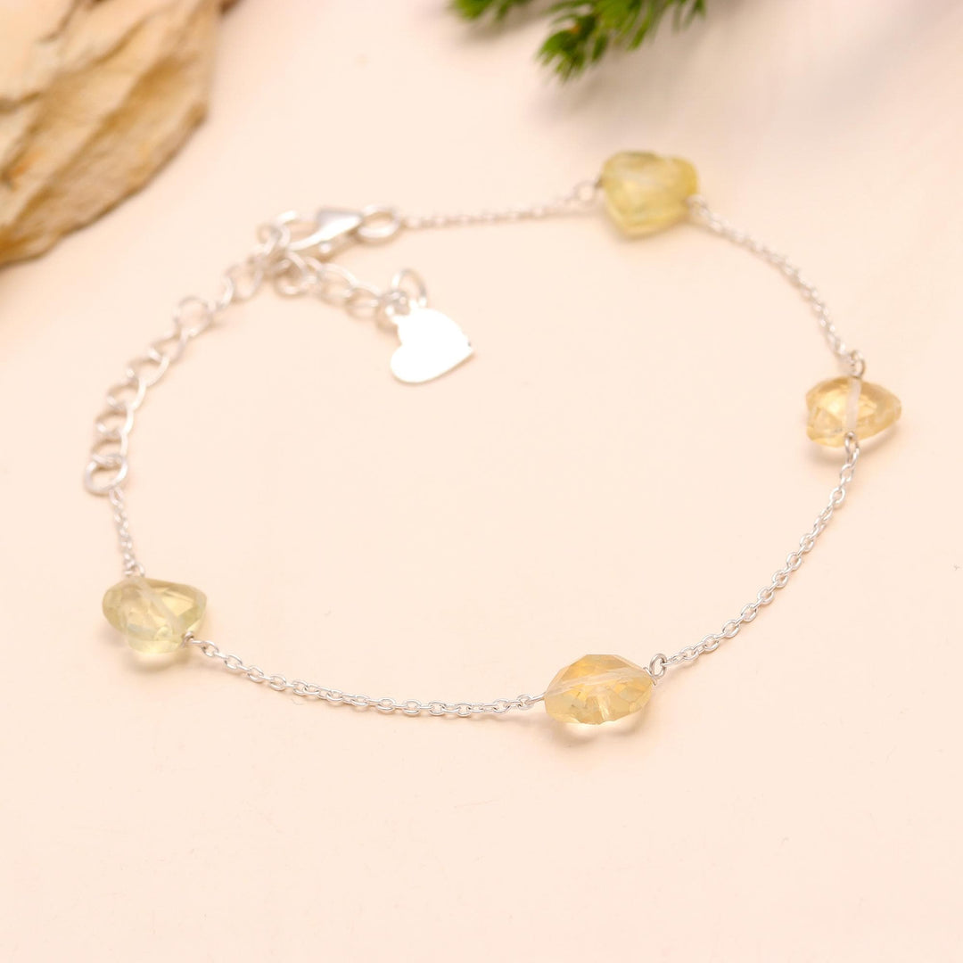 Natural Lemon Quartz Heart Shape Beads Bracelet, Lemon Quartz Heart Beads Bracelet, Girl's Gift Chain Bracelet, 925 Silver Gift for Her