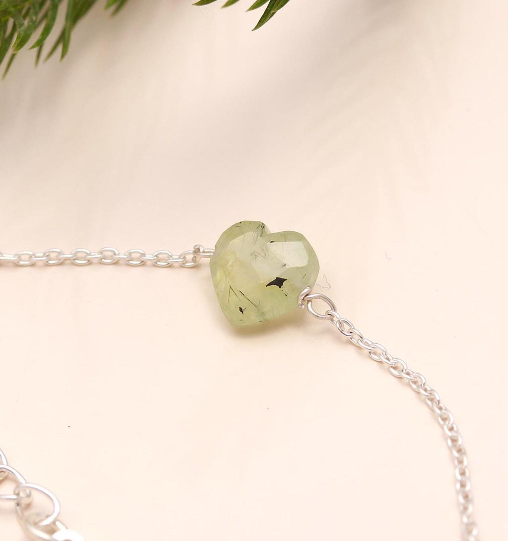 Natural Prehnite Bracelet, Green Prehnite Faceted Heart Beads Bracelet, Women's Gift Chain Bracelet, 925 Silver Jewelry, Girls Anklets