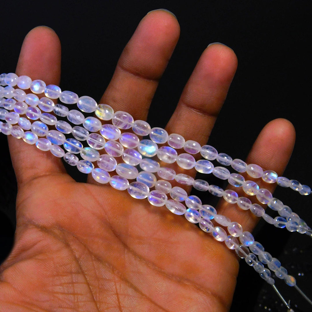 Superb Rainbow Moonstone Oval Shape Beads, Natural Rainbow Moonstone Smooth Oval Beads, 4-7 MM Blue Flashy Oval Beads, 4 Inch Strand