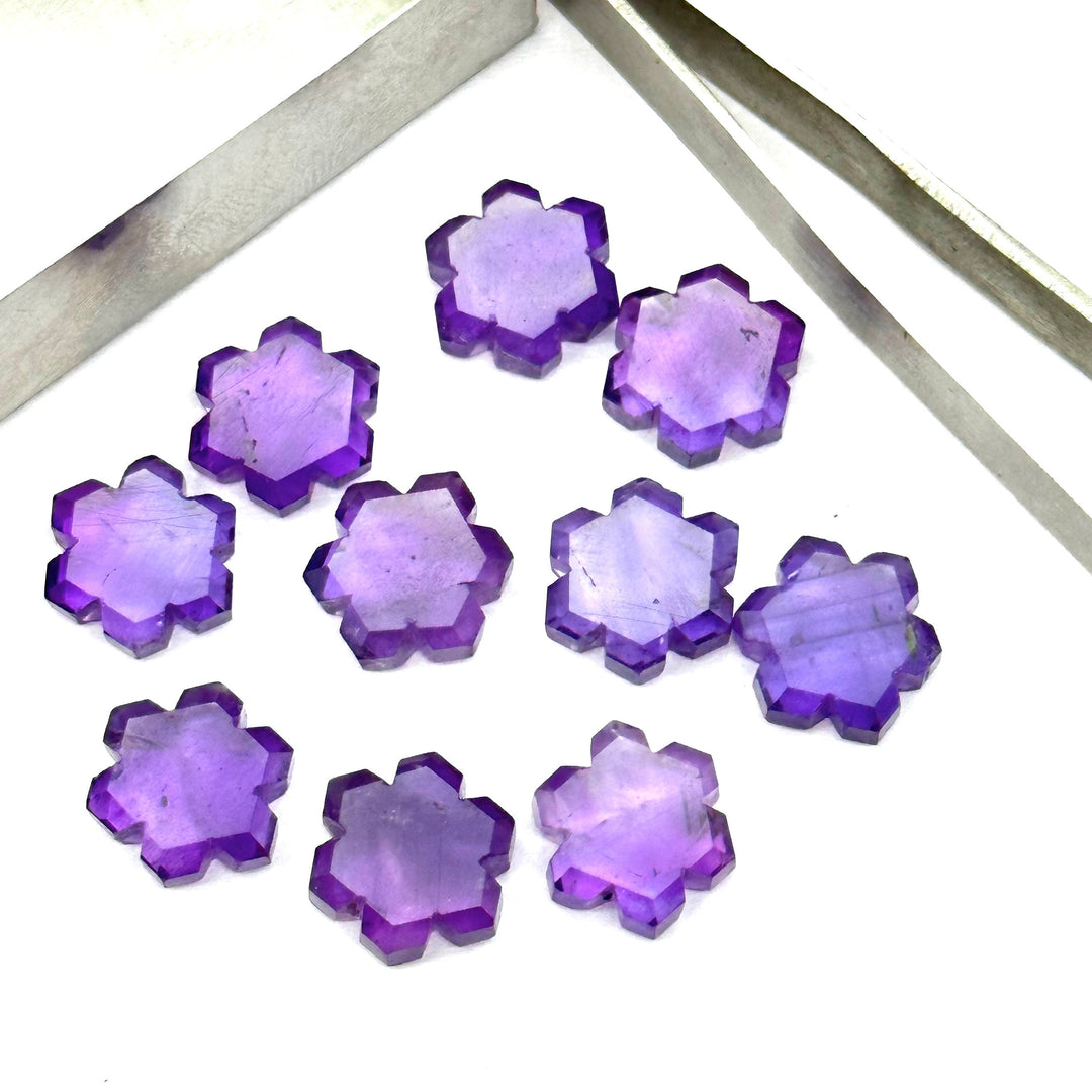 Natural Amethyst Flower Shape Carving Beads, 11 MM Handmade Carved Flower Shape Gemstone, Hexagon Shape Charms For Jewelry & Craft Making