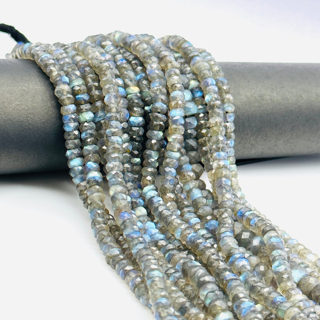 Flashy Labradorite Faceted Rondelle Beads, Natural Blue Fire Labradorite Beads, 4 mm MM Black Rainbow Beads, Wholesale Jewelry Making Beads