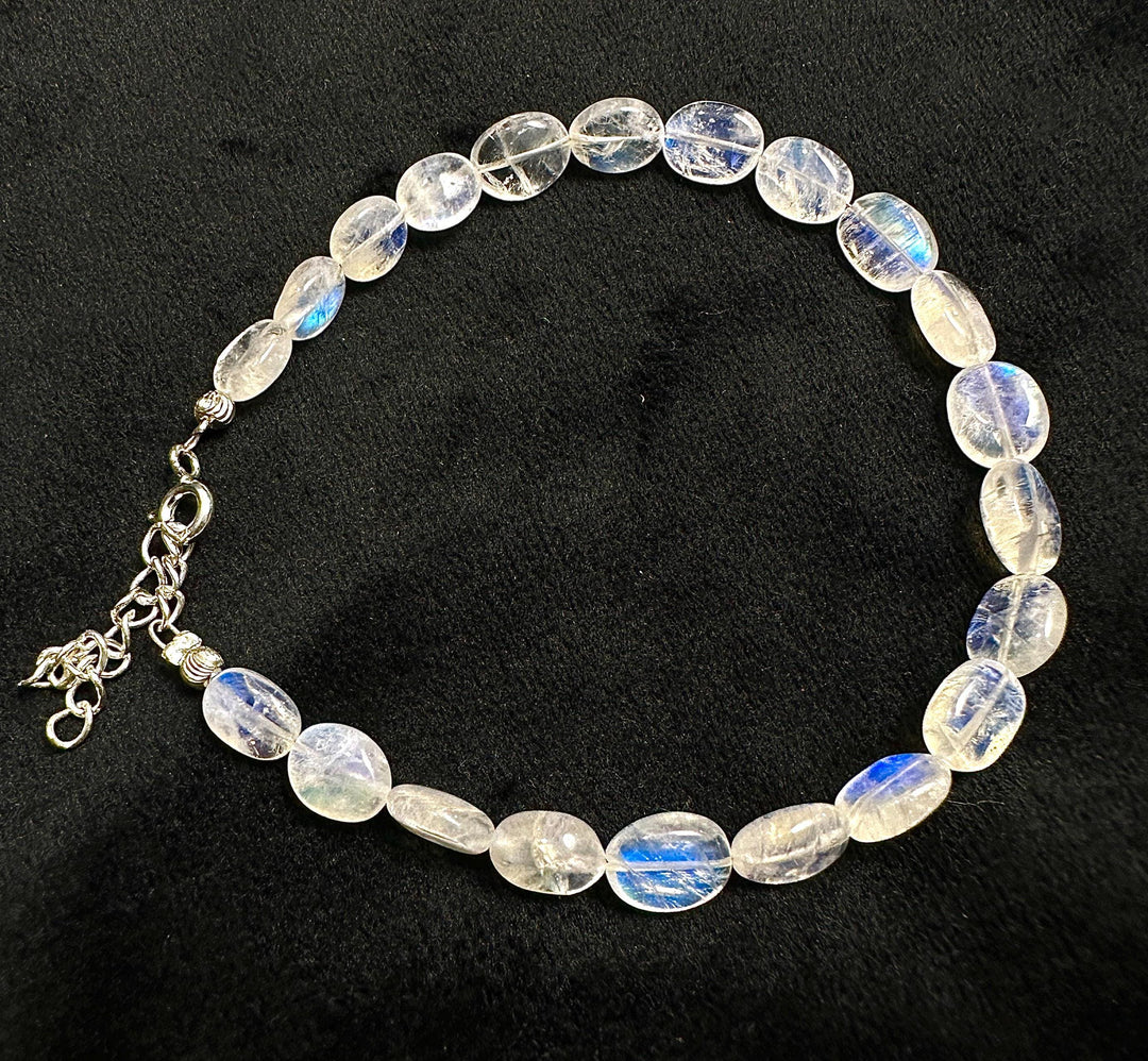 AAA+ Rainbow Moonstone Beads Bracelet, Smooth Oval Shape Handmade Bracelet, Blue Fire Gemstone Jewelry, Silver Bracelet Best Gift For Her