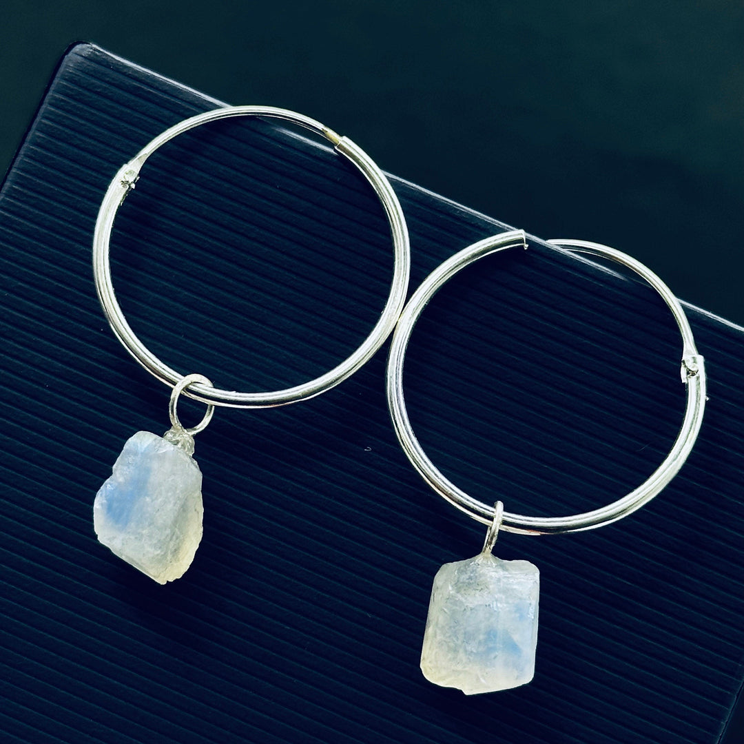 Flashy Rainbow Moonstone Hoop Earings, Natural Rough Rainbow Moonstone Earrings, Raw Gemstone Earrings, Large Hoop Earrings For Gift