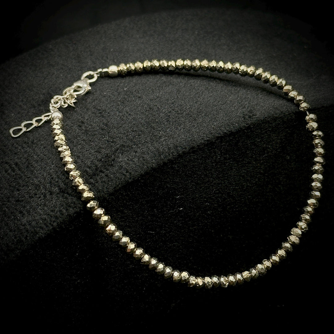 Natural Pyrite Beaded Bracelet, Faceted Pyrite Beads Bracelet, Gemstone Silver Bracelet/Anklet, Yoga/Meditation and Pyrite Bracelet, 3.5 MM