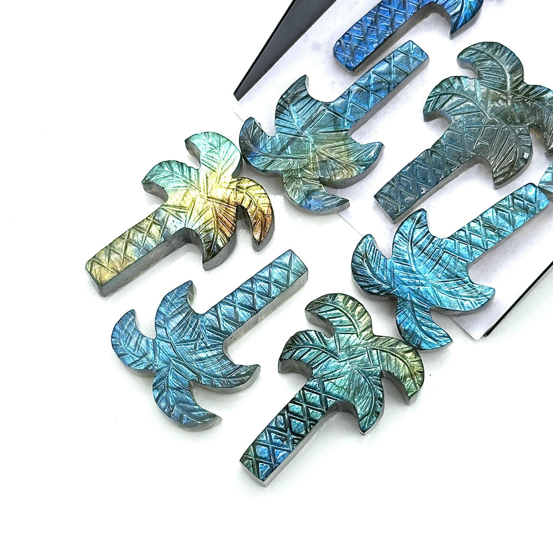 Labradorite Palm Tree Shape Gemstone, Hand Carved Tree Shape Stone, Unique Tree Carving for Jewelry Making, Flashy Labradorite, 28 MM