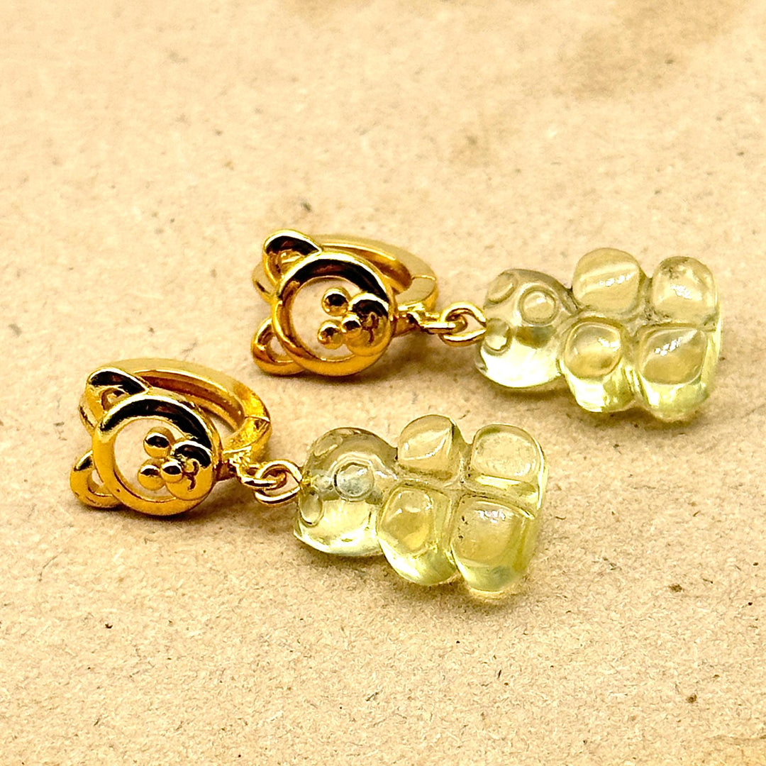 Cute Teddy Bear Earrings, Lemon Quartz Carved Gummy Bear Earrings For Girls, Bridesmaid Gift, Anniversary Gift For Her, Handmade Jewelry