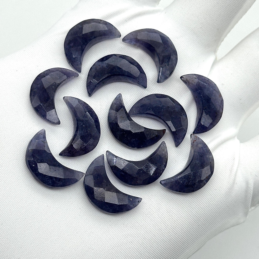 Faceted Iolite Crescent Moon Beads: Hand-Carved Gemstone Charms