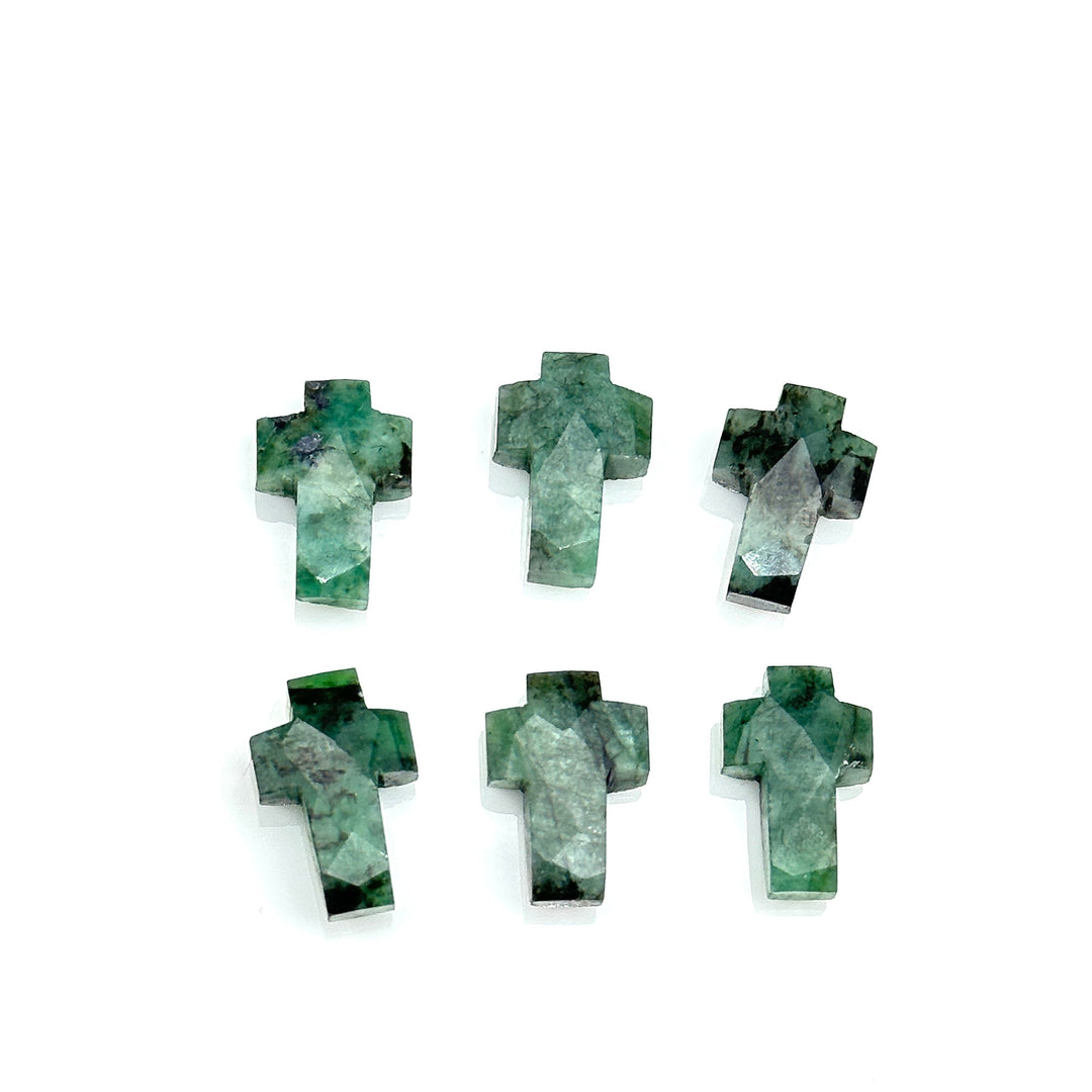 Natural Emerald Cross Beads: Faceted Green Gemstone Charms (15mm)