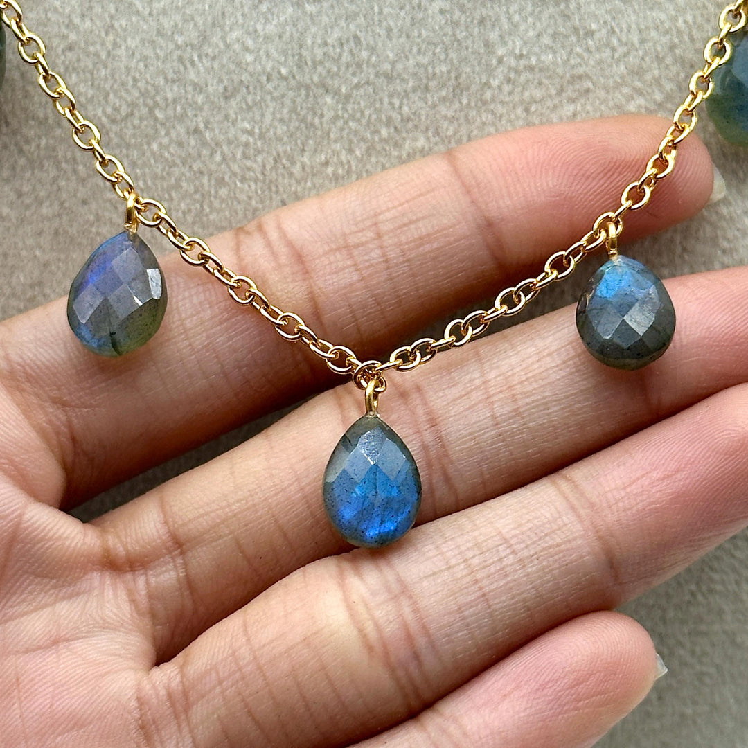 AAA+ Natural Labradorite Pear Shape Beads Necklace, Drop Chain Necklace, Pear Gemstone Necklace, Faceted Pear Chain Necklace For Women's