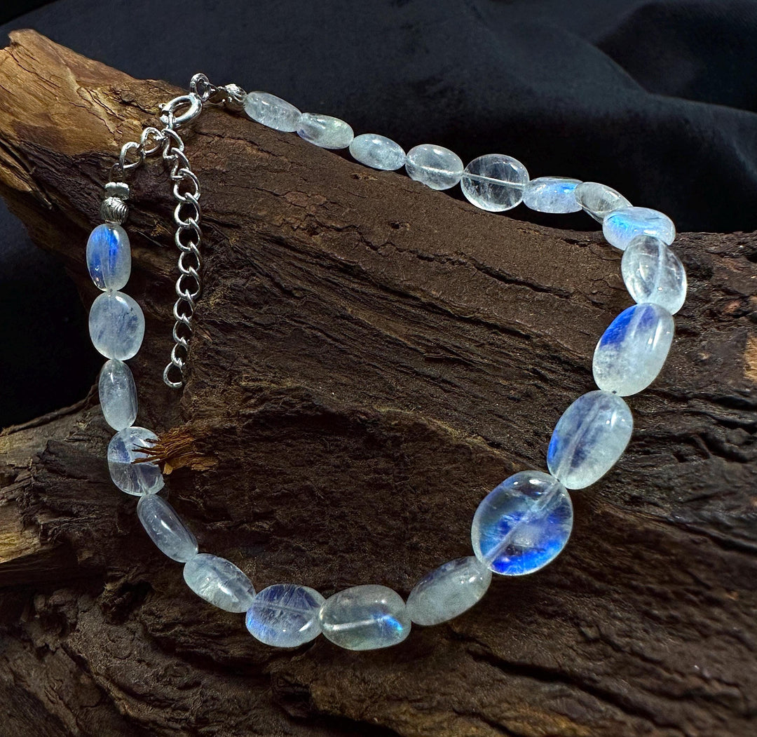 AAA+ Rainbow Moonstone Beads Bracelet, Smooth Oval Shape Handmade Bracelet, Blue Fire Gemstone Jewelry, Silver Bracelet Best Gift For Her