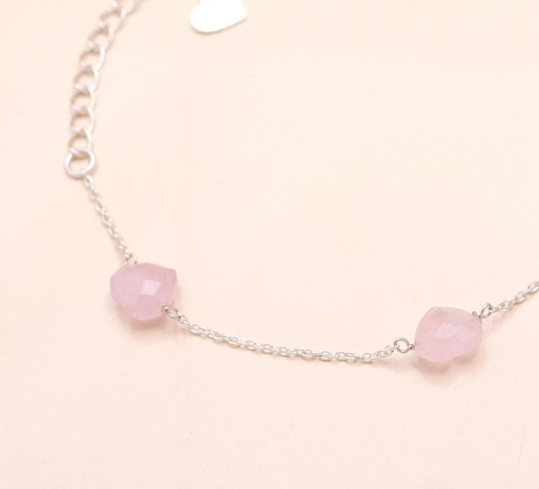Rose Quartz Heart Bracelet: 925 Sterling Silver Chain, Handmade