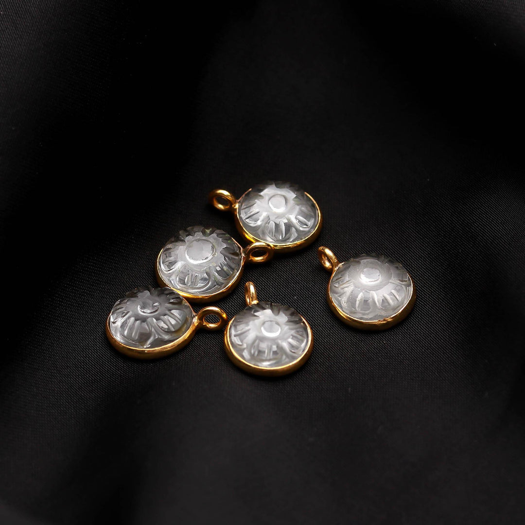 Natural Crystal Quartz Flower Pendant 16mm, 925 Sterling Silver Gold Plated Round Shape Clear Quartz Charms For Making Jewelry