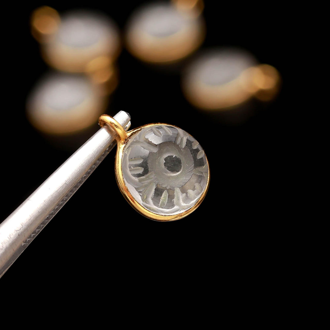 Natural Crystal Quartz Flower Pendant 16mm, 925 Sterling Silver Gold Plated Round Shape Clear Quartz Charms For Making Jewelry