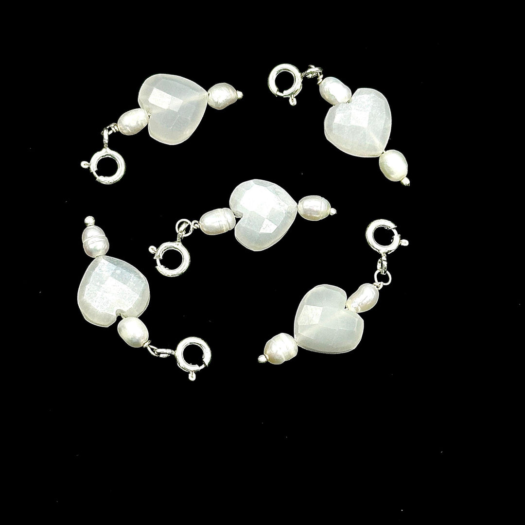 Natural White Moonstone and Pearl Charms, White Moonstone Heart Silver Charms, Gemstone Beads, Craft Making, 925 Silver Charms Wholesale