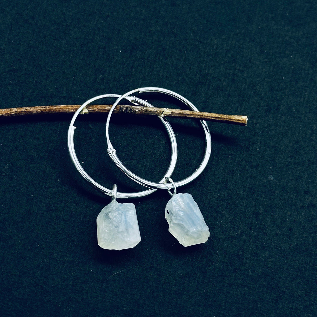 Flashy Rainbow Moonstone Hoop Earings, Natural Rough Rainbow Moonstone Earrings, Raw Gemstone Earrings, Large Hoop Earrings For Gift
