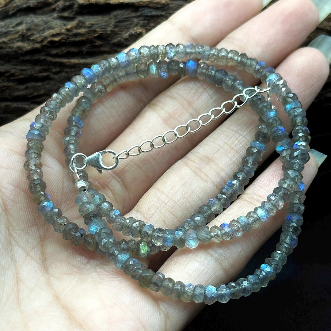 Natural Labradorite Fire Beads Necklace, Flashy Faceted Rondelle Beads Necklace, 3-4 MM Healing Gemstone Necklace, Bridesmaid Gifts