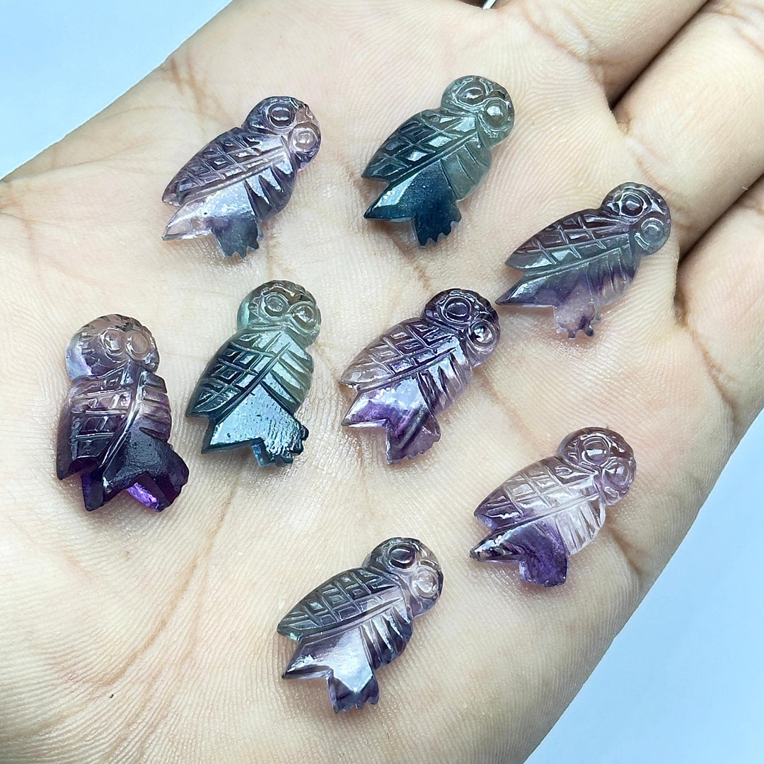 Carved Multi Fluorite Owl Shape Gemstones, Hand Carved Owl Shape Gemstone, Natural Fluorite Owl Shape Charms, 20 MM Bird Charm Carvings
