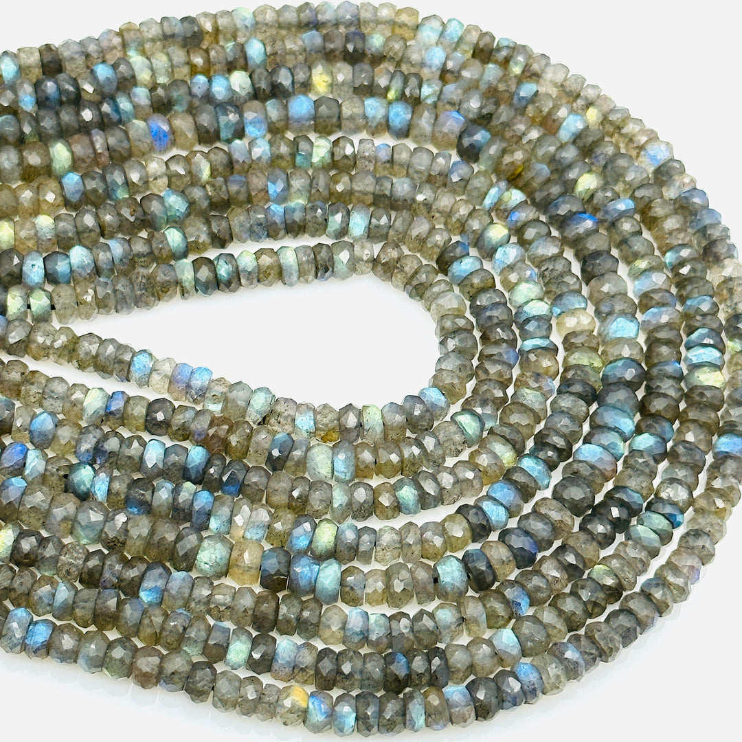 Flashy Labradorite Faceted Rondelle Beads, Natural Blue Fire Labradorite Beads, 4 mm MM Black Rainbow Beads, Wholesale Jewelry Making Beads