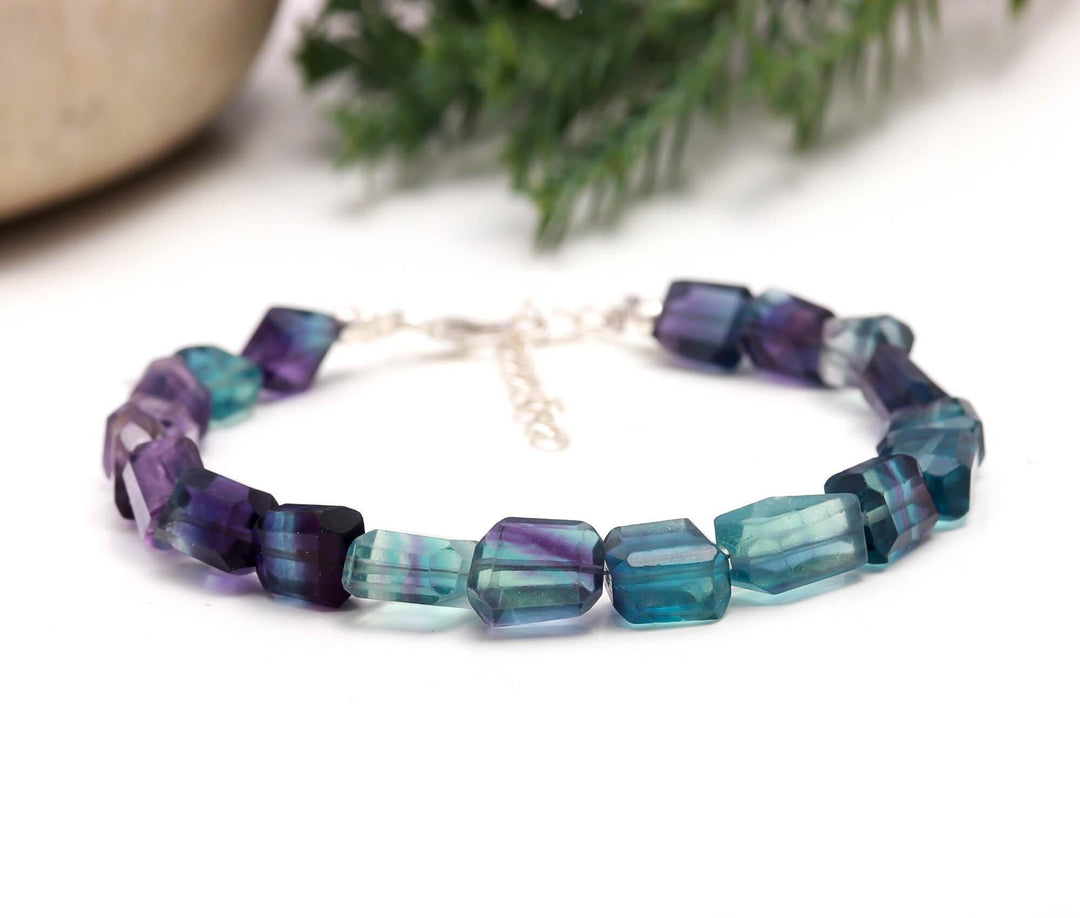 Purple Fluorite Tumble Beads Bracelet, Multi Fluorite Faceted Nuggets Shape Beads Bracelet, Fluorite Gemstone Jewelry, Gift for Girls, 8 MM