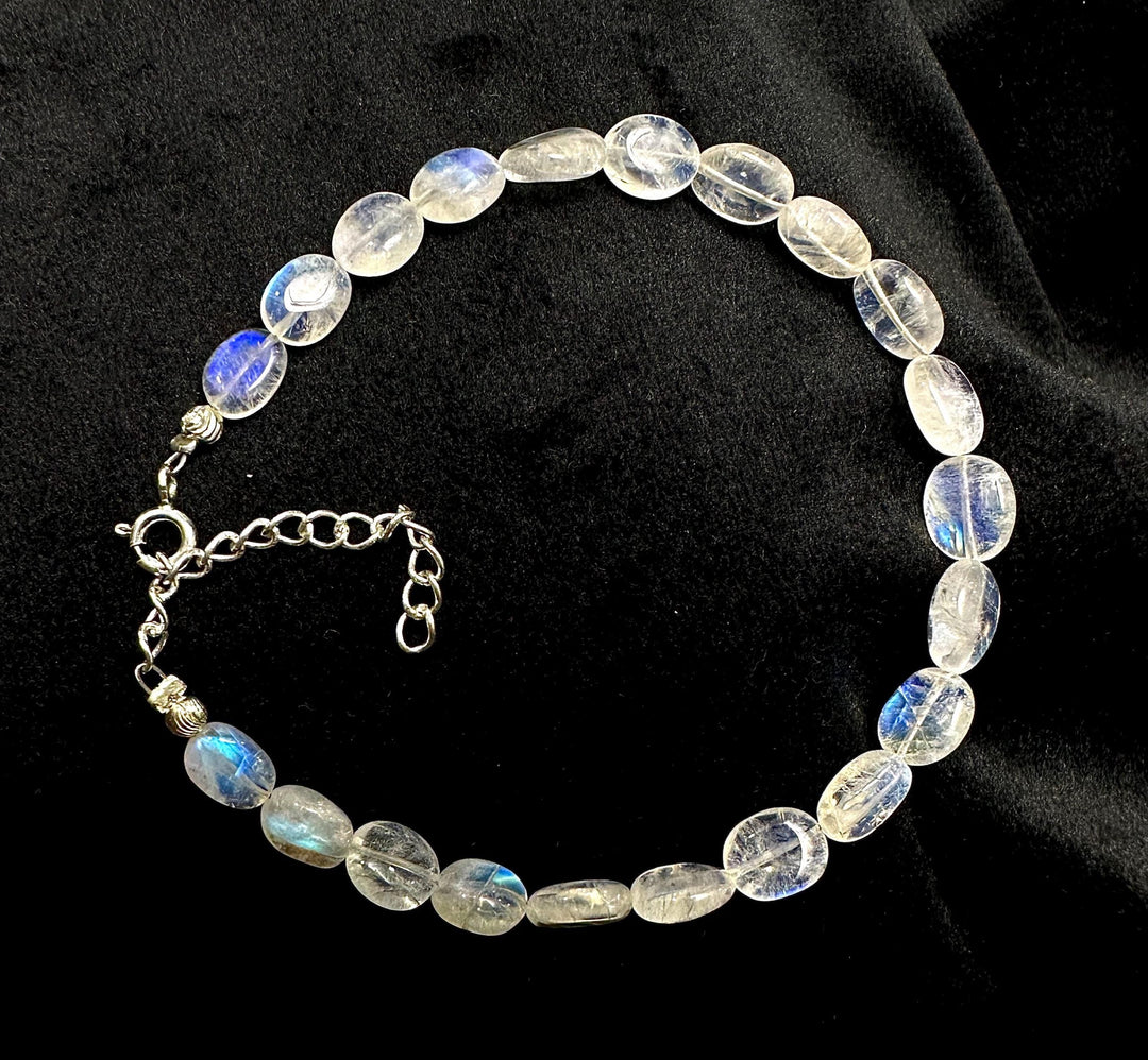AAA+ Rainbow Moonstone Beads Bracelet, Smooth Oval Shape Handmade Bracelet, Blue Fire Gemstone Jewelry, Silver Bracelet Best Gift For Her