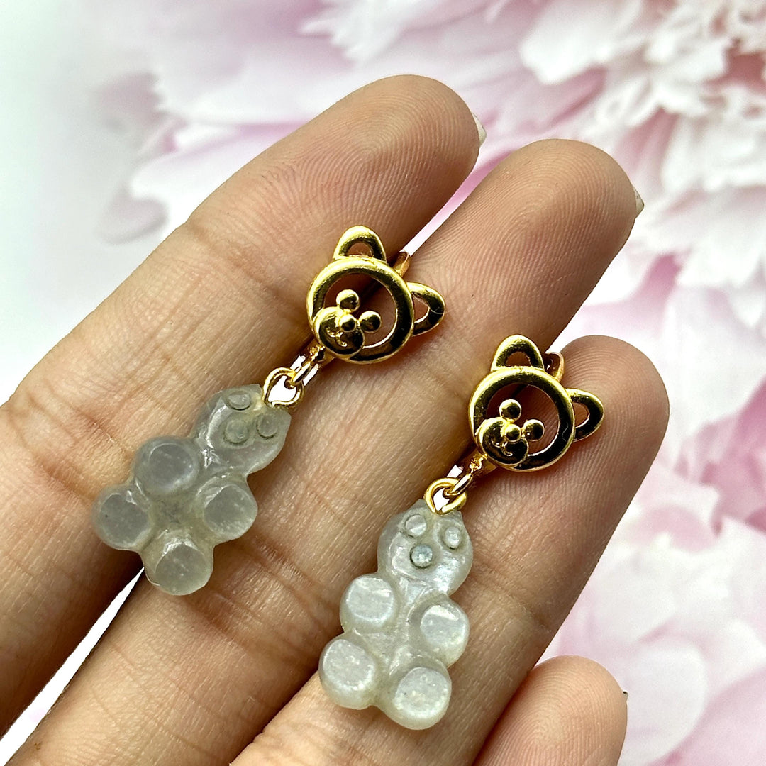 Gummy Bear Earrings, Grey Moonstone Carved Teddy Bear Earrings For Girls, Bridesmaid Gift, Anniversary Gift For Her, Handmade Jewelry