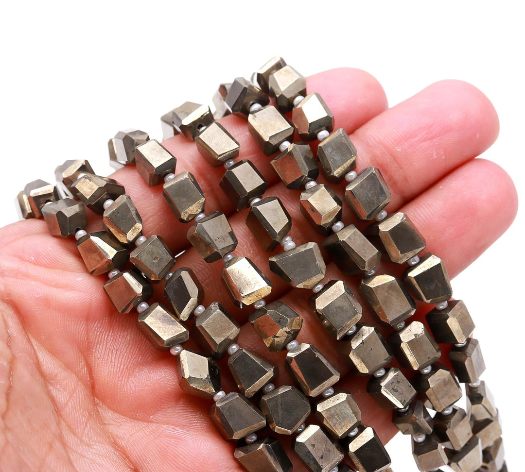 Natural Pyrite Tumble Shape Beads, Faceted Pyrite Nuggets Shape Beads, 8" Strand Fancy Jewelry Making Beads Loose Beads, 6X8 MM Approx