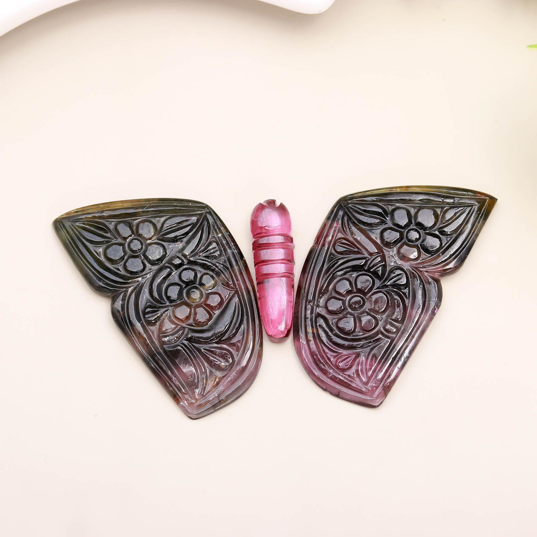 Carved Tourmaline Butterfly Cabochon: AAA Pink & Green Gemstone, 44mm
