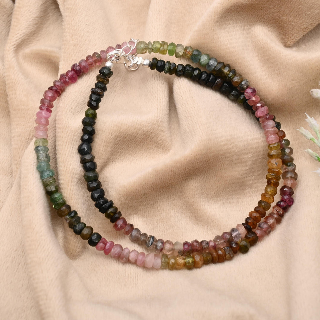 Watermelon Tourmaline Beaded Necklace: Faceted Rondelle Gemstone, 4.5 mm