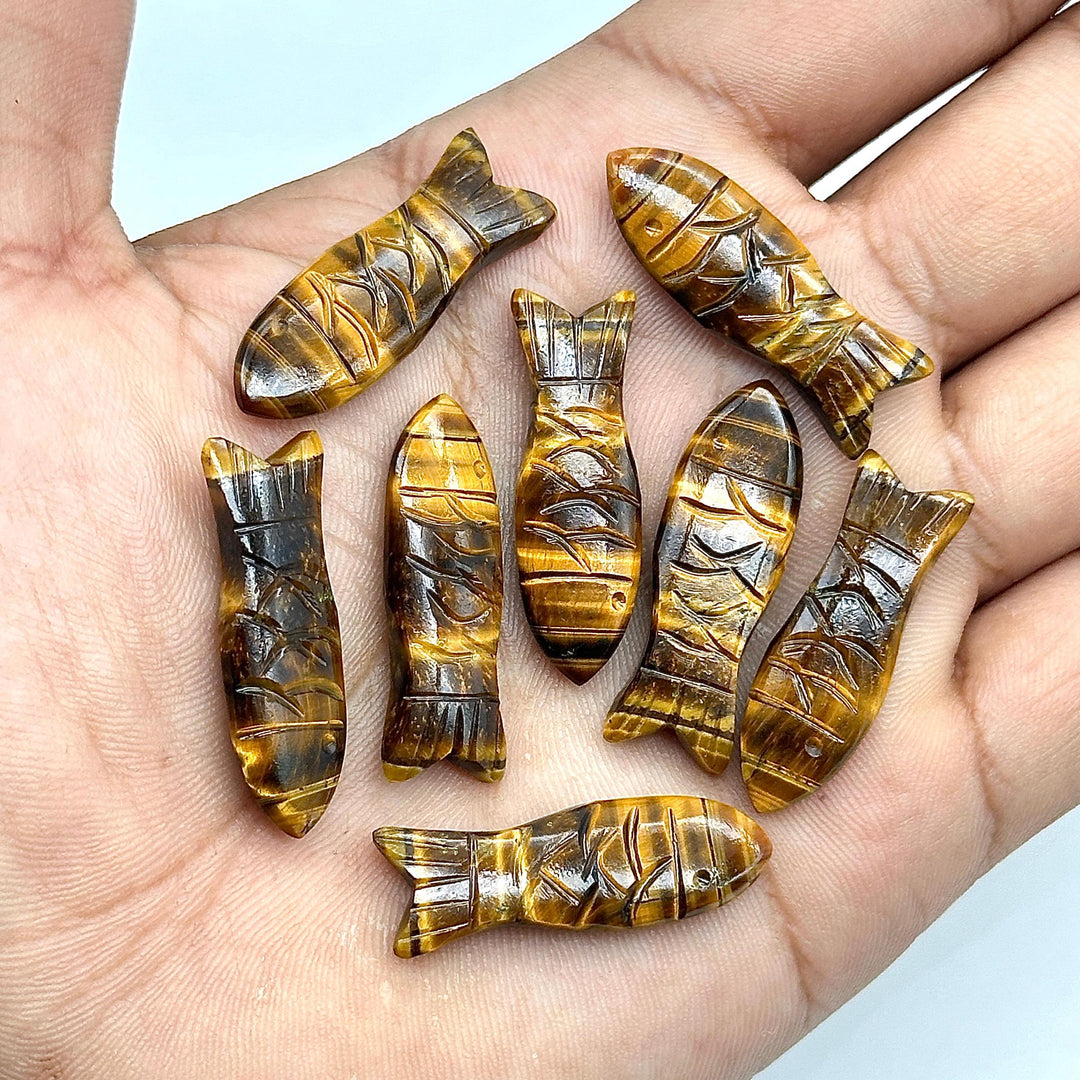 Natural Tiger Eye Carved Fish Shape Gemstone, Healing Fish Charms for Jewelry Making, Reiki Crystals Gifts, 30X10 MM