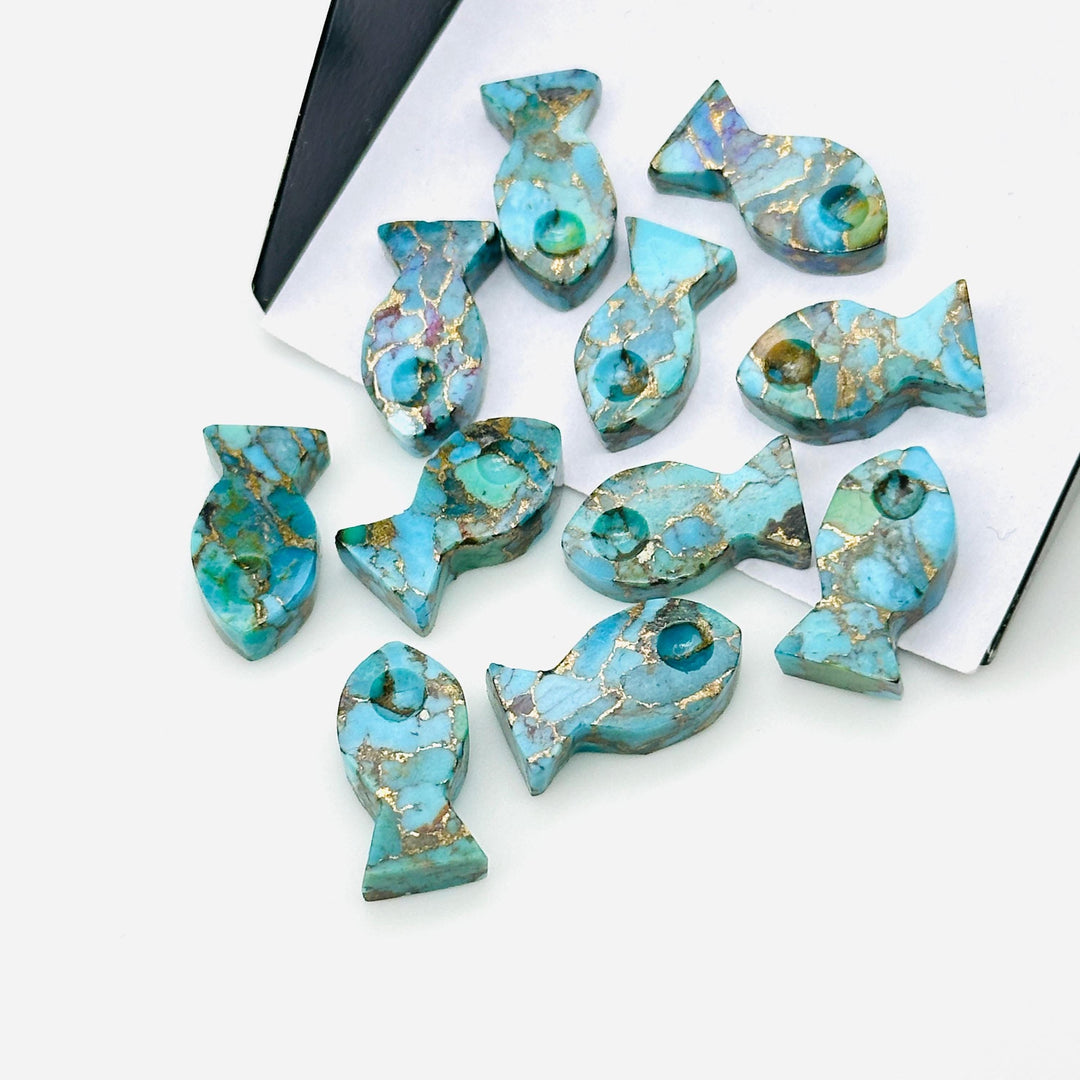 Carved Copper Turquoise Fish Charm: Loose Gemstone (7X14 MM)