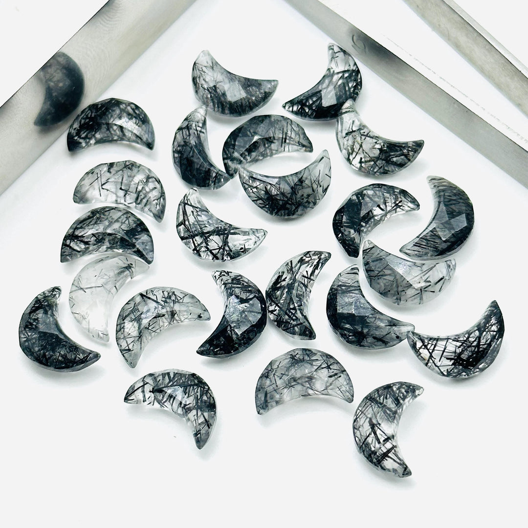Natural Black Rutile Carved Moon Shape Beads, Hand Carved Moon Shape Gemstone Beads For Jewelry, Moon Shape Briolette's, Moon Charms 12 MM