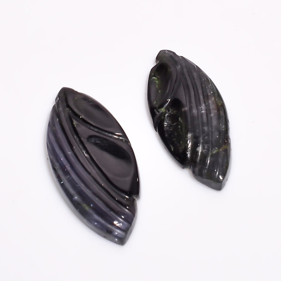 100% Natural Tourmaline Hand Carved Leaf Pair, 19.5ct Green Tourmaline Leaf Shape Carving Beads, Loose Gemstones for Jewelry 25X11X3MM AG-62
