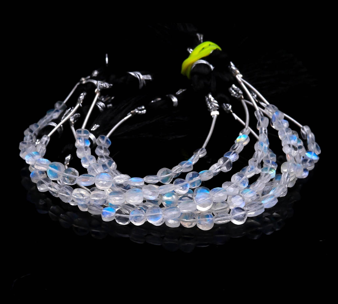 High Flashy Rainbow Moonstone Coin Shape Beads, Faceted Hand Carved Straight Drill Coin Beads, Jewelry Making Gemstones, 4 Inch, 4-5 MM