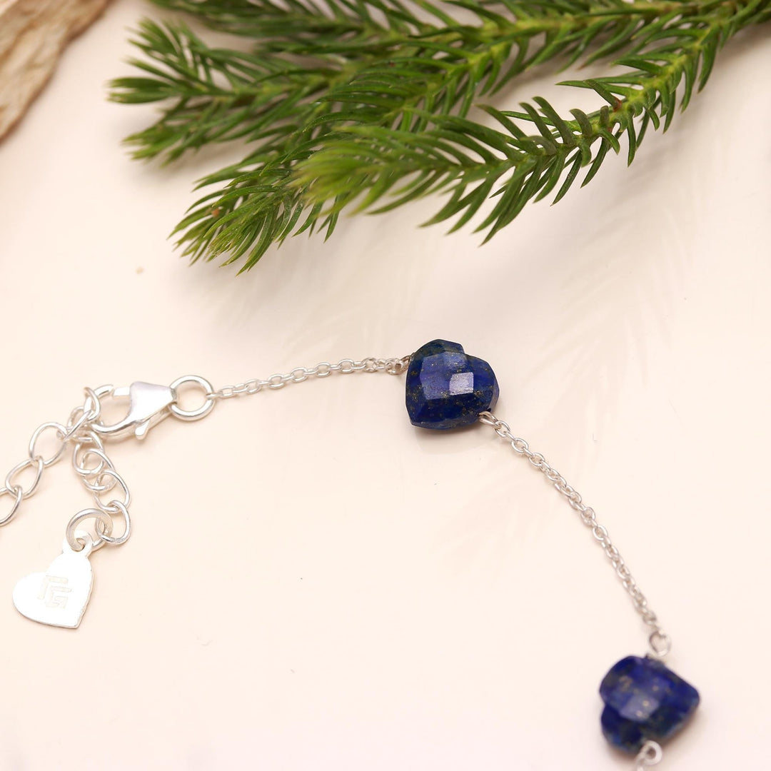 Natural Lapis Lazuli Heart Beads Bracelet, Blue Lapis Lazuli Beads Bracelet, Women's Gift Chain Bracelet, 925 Silver Bracelet, Girls Anklets