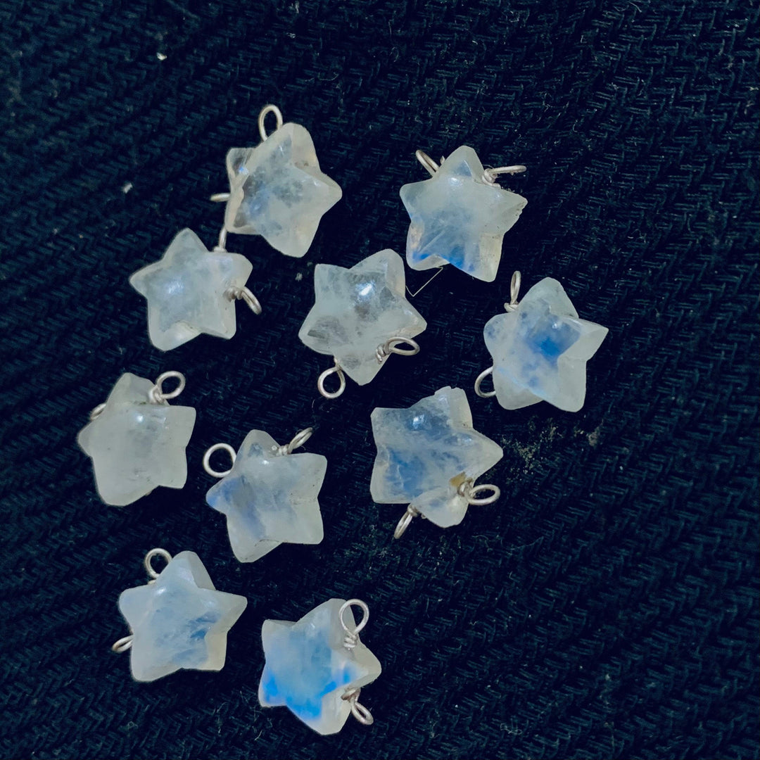 Natural Rainbow Moonstone Stars Shape Carved Gemstone Jewellery Making Charm With 925 Silver, Necklace Bracelet, Earrings Making Charms 10mm