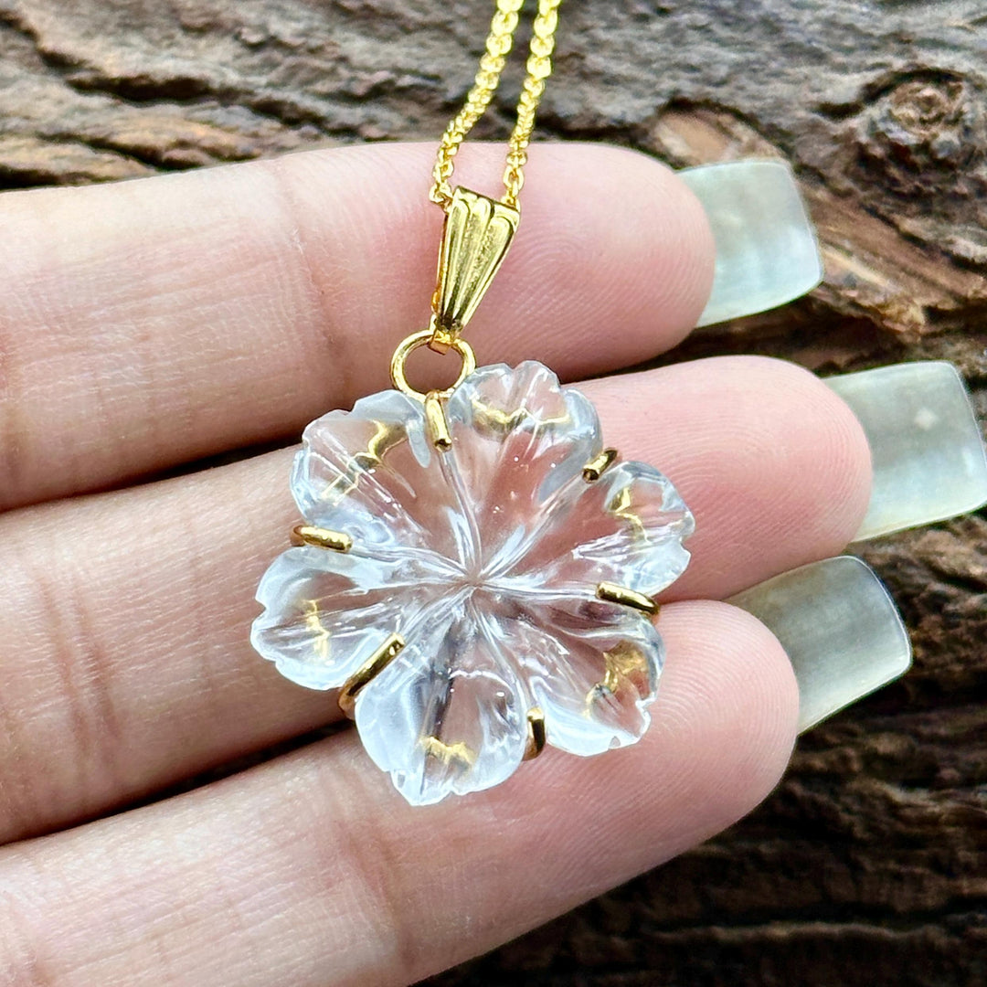 Amazing Carved Natural Crystal Flower Pendant, Goddess Energy Crystal Necklace For Her, 19 mm Crystal Quartz Flower, Birthday Gift For Women