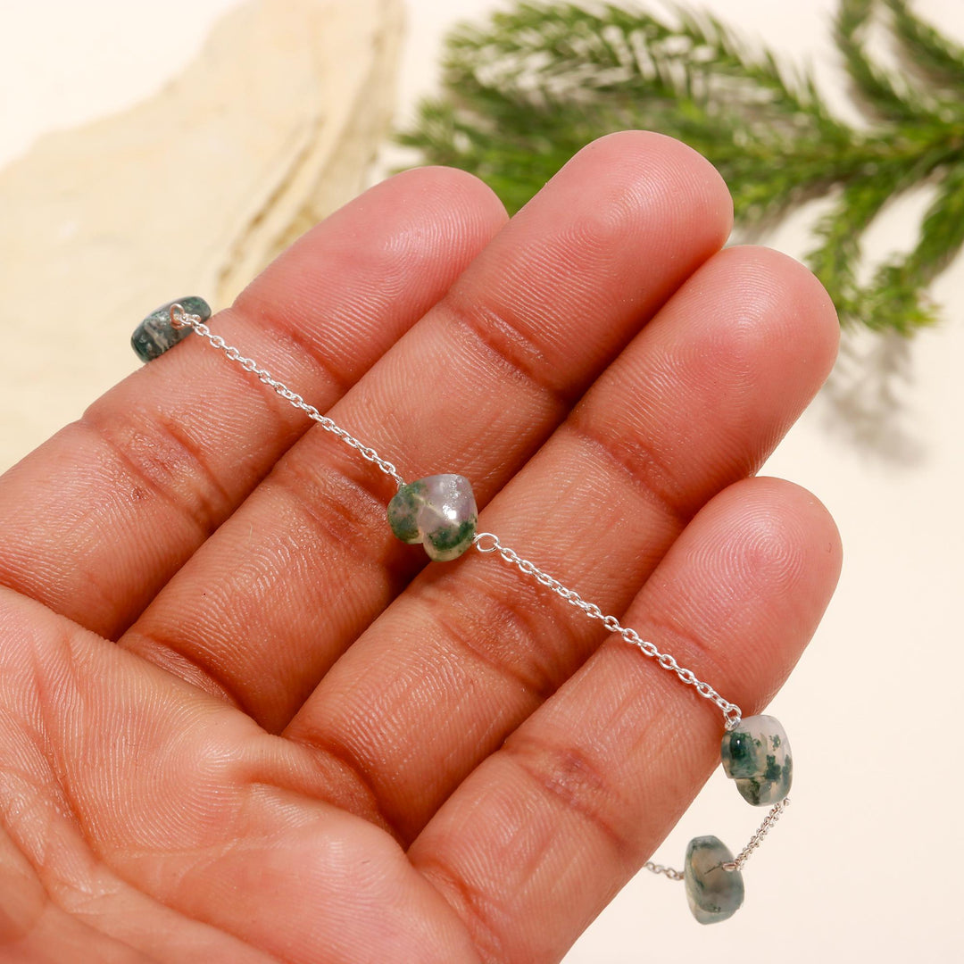 Natural Moss Agate Heart Beads Bracelet, Tree Agate Shape Heart Beads Bracelet, Girl's Gift Chain Bracelet, 925 Silver Gift for Her