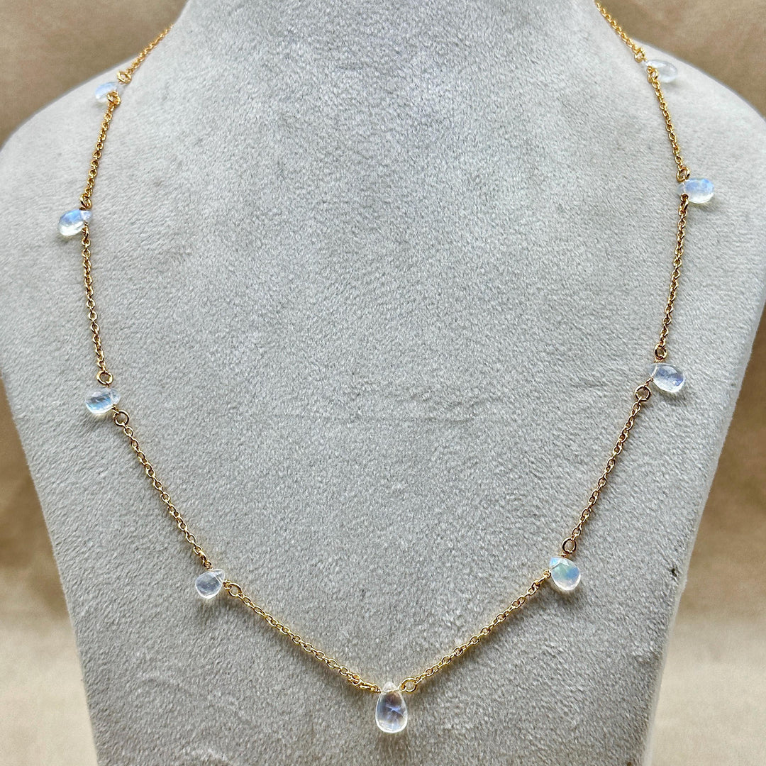 Beautiful Rainbow Moonstone Pear Necklace, Blue Flashy Faceted Pear Chain Necklace, Necklace For Girls, Gift For Her, Gold Plating Chain