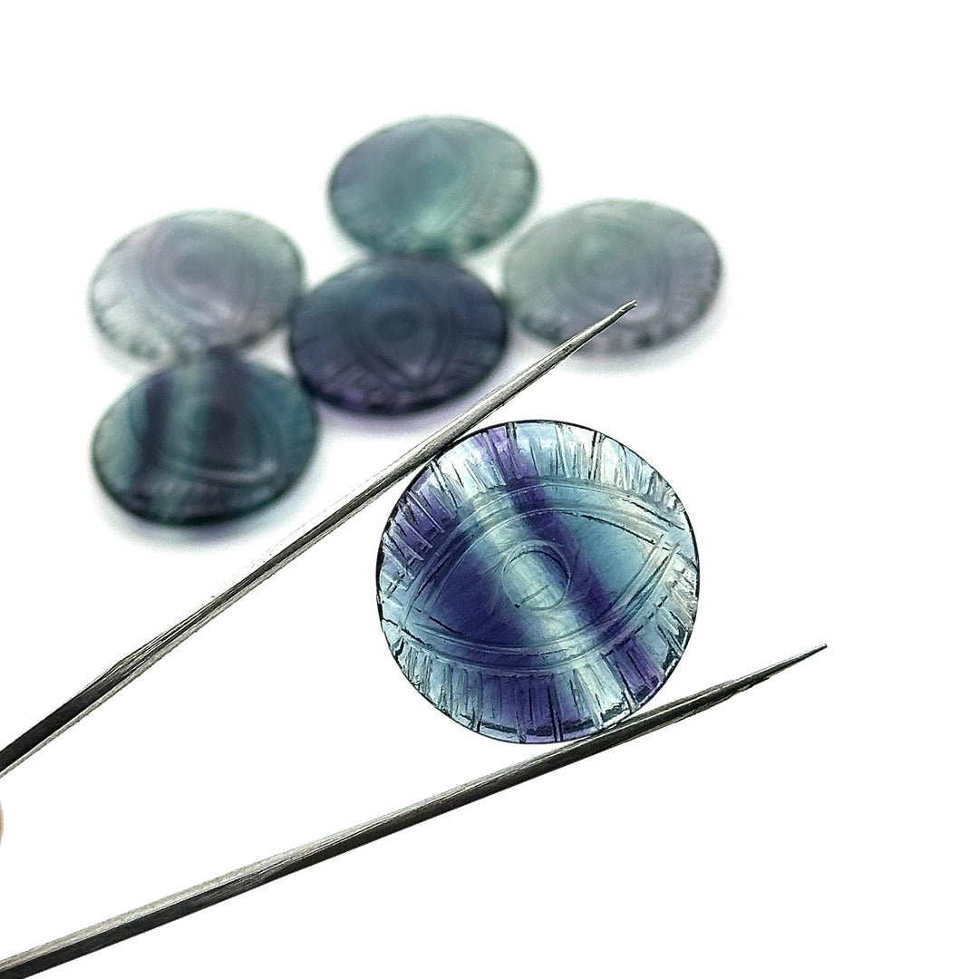 AAA Multi Fluorite Evil Eye Shape Stone, Natural Multi Fluorite Hand Carved Gemstones, 28 MM, Round Evil Eye Carving, Fluorite Charms