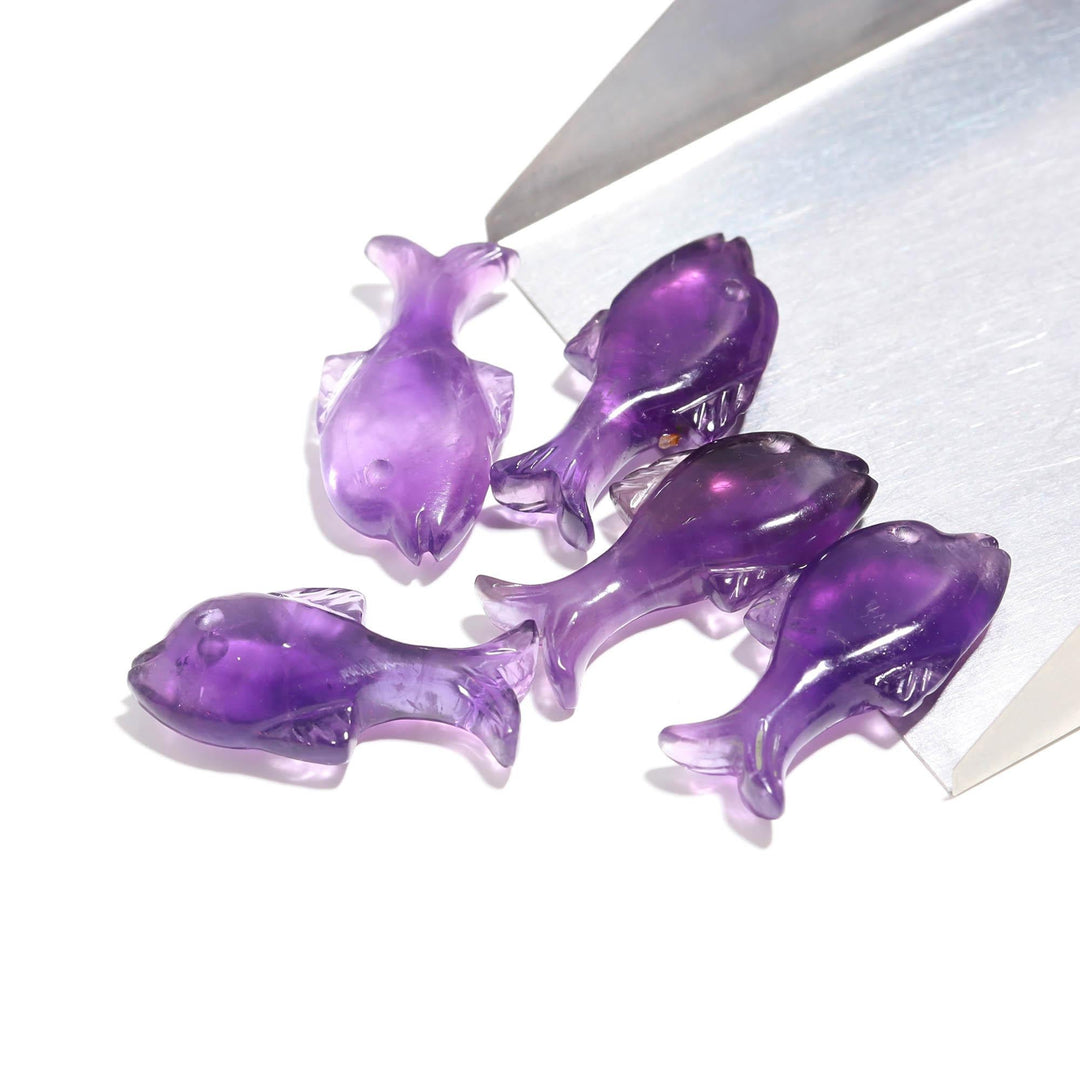 Genuine Amethyst Dolphin Shape Carvings, Purple Amethyst Fish Shape Beads, Jewelry Making Fish Charms, 28 MM