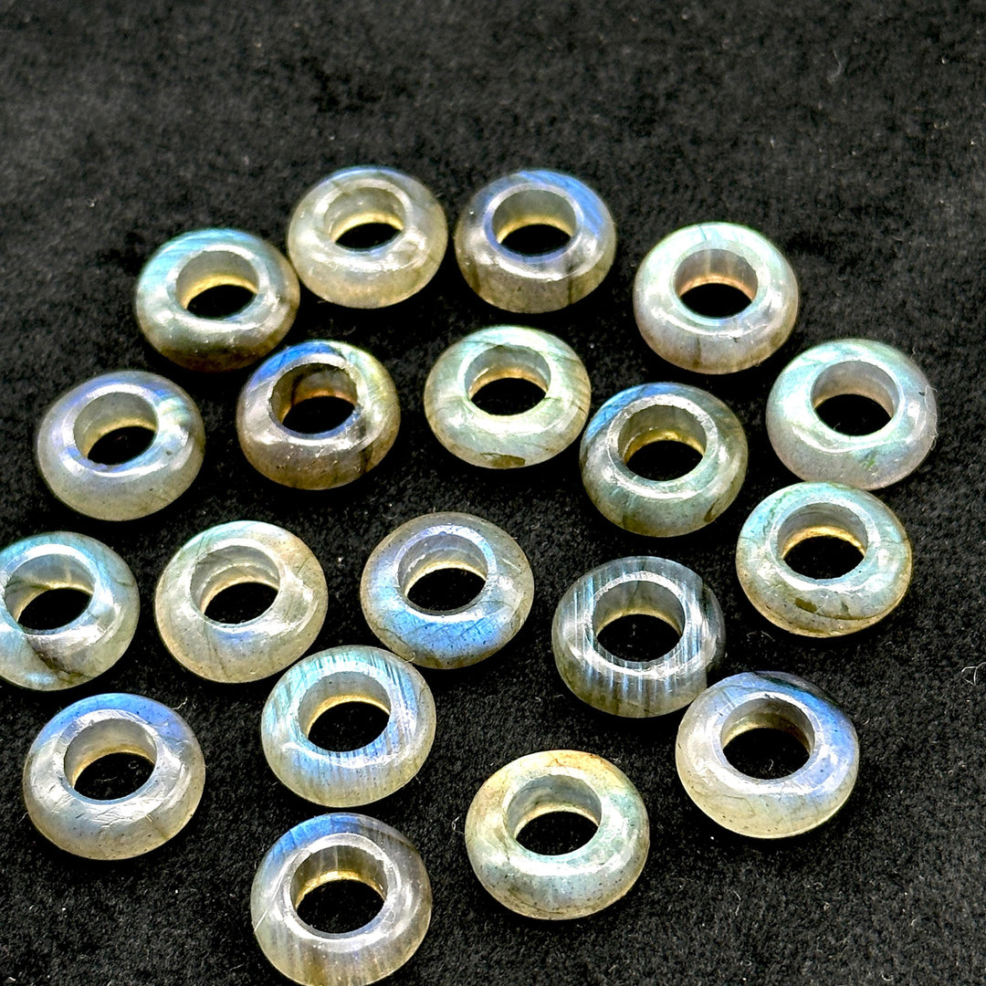 Labradorite Donut Gemstone Beads: 12mm Blue Fire Carved Jewelry