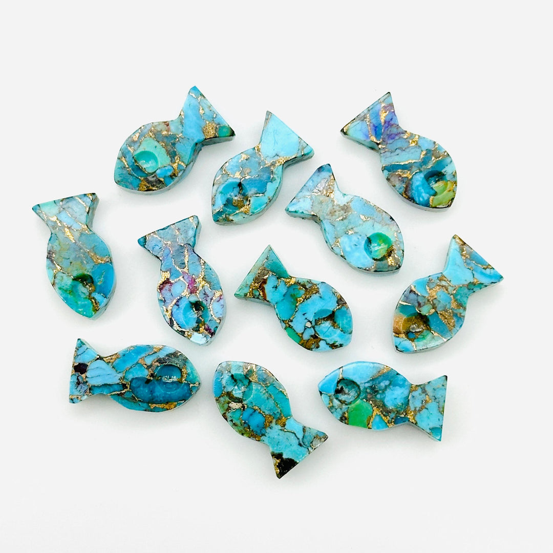 Carved Copper Turquoise Fish Charm: Loose Gemstone (7X14 MM)