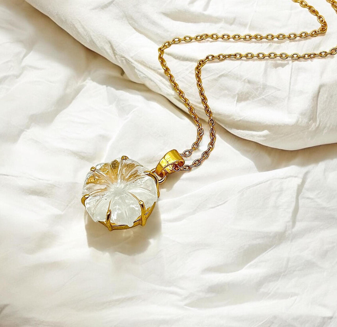 Natural Crystal Quartz Flower Pendant, Crystal Hand Carved Flower Necklace, Flower Gemstone Necklace For Her, 17 mm Flower, Bridesmaid Gifts