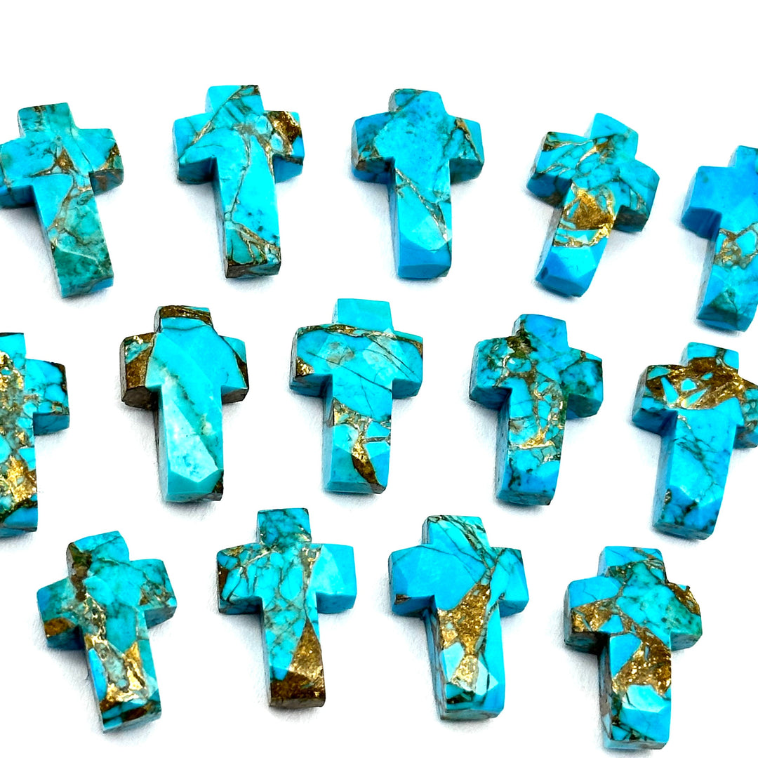 Faceted Copper Turquoise Cross Beads: Spiritual Gemstone Charms (15mm)